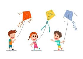 poses of happy children playing kites vector