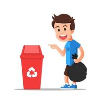 Boy holds the trash and points to the recycling bin vector