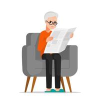 un anciano leyendo un periódico y sentado en una silla vector