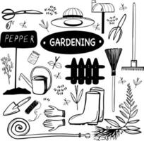 Simple vector illustration. Gardening elements on the garden's theme, garden tools, agriculture, equipment, and harvest. Sketches for use in design. Outline icons collection.