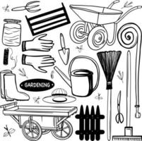 Simple vector illustration. Gardening elements on the garden's theme, garden tools, agriculture, equipment, and harvest. Sketches for use in design. Outline icons collection.