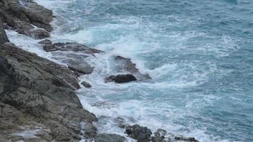 Waves breaking near a rocky shore