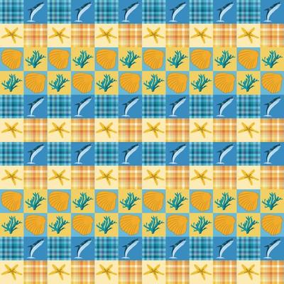 Sea pattern. Vector of a whale, sea star, beach. Seamless summer pattern.