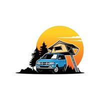 rv camper van vehículo con carpa de techo ilustración vector logo
