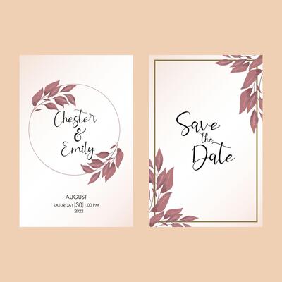 pink leaves vector wedding invitation with pastel colour