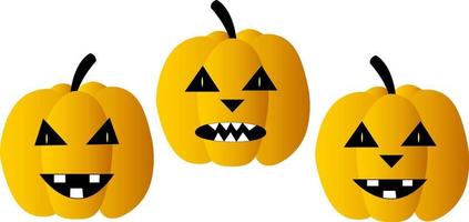 tres calabazas con caras de monstruos aterradores en una feliz fiesta de halloween. vector aislado sobre fondo blanco
