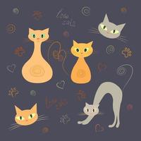 establecer colores de gatos divertidos sobre fondo oscuro. gato y gatito adultos, espalda arqueada, cara de gato y adornos vector