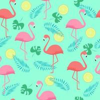 Seamless pattern of Pink and coral flamingos and palm leaves. lemon. Pastel turquoise background Wallpaper vector