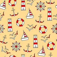 Seamless vector pattern of marine elements icons Anchor Ship Wheel Seagull lighthouse and a lifeline. Made in red white on a yellow background.