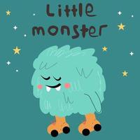 little furry monster on roller skates, cute yeti cartoon style vector