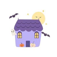 haunted halloween house with ghosts and bats. Freehand drawing in kawaii style, cute pumpkins vector
