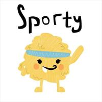 funny little yeti monster in a sports bandage, doing sports. Cute fluffy beast vector