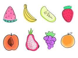 Vector Collection of tropical fruits painted in watercolor with black outline.