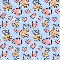 Summer abstract pattern with pineapple and watermelon in doodle style. vector