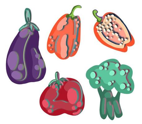 Vector set of paper-cut vegetables. Eggplant, broccoli, tomato and pepper.