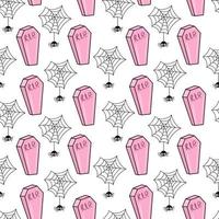 Seamless pattern for Halloween. Cute background with pink coffins and spiders. vector
