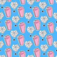Seamless Halloween pattern with coffins and spiders on a cobweb on a blue background. vector