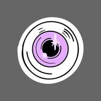 Vector frightening purple eye with sparkles in the pupil. Cute Halloween sticker.