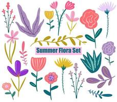 vector conjunto de flora de verano pintado a mano. flores silvestres esbozar flores silvestres y hierbas elementos botánicos de la naturaleza.