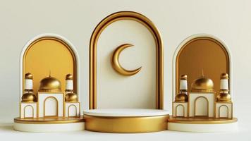 Ramadan kareem islamic greeting background with lantern on podium, mosque and crescent moon photo