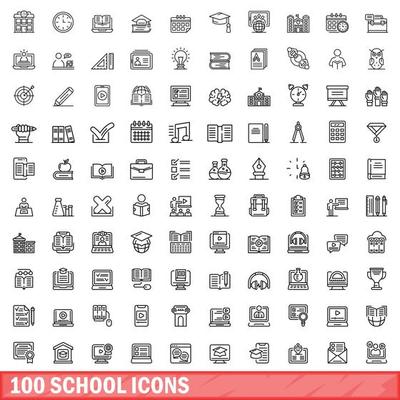 100 school icons set, outline style