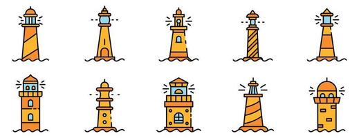 faro, iconos, conjunto, línea, color, vector