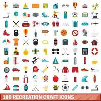 100 recreation craft icons set, flat style vector