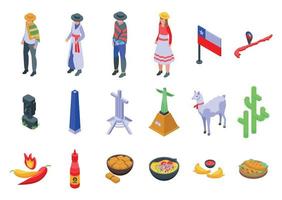 Chile icons set isometric vector. Map adventure vector