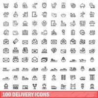 100 conjunto de iconos de entrega, estilo de esquema vector