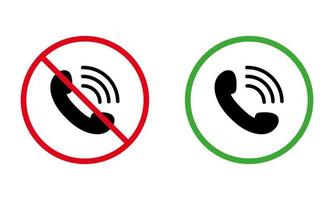 Handset Call Black Silhouette Icon Set. No Receive Incoming Call Mobile Phone Red Forbidden Round Sign. Accept Talk Allow Area Green Circle Symbol. Warning Keep Silence. Isolated Vector Illustration.