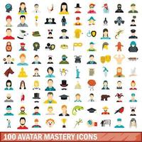 100 avatar mastery icons set, flat style vector