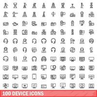 100 device icons set, outline style vector