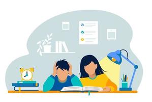 Students, pupils in learning process, abstract flat vector illustration. Students sit at the table and study, do homework and read a book, prepare for the exam.