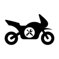 centro de servicio para arreglar el icono de la silueta de la moto. pictograma de glifo de taller de motos. motocicleta con llave, concepto de reparación de destornillador. icono de mantenimiento de transporte. ilustración vectorial aislada. vector