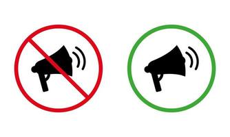 Loudspeaker Black Silhouette Icon Set. Ban Loud Speaker Zone Public Place Red Forbidden Round Sign. Bullhorn Sound Allowed Area Green Symbol. Warning No Loud Megaphone. Isolated Vector Illustration.