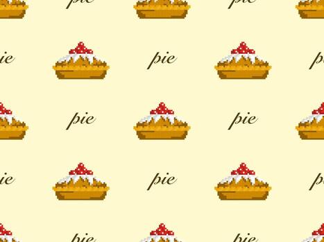Pie cartoon character seamless pattern on yellow background. Pixel style vector