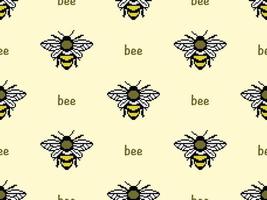 Bee cartoon character seamless pattern on yellow background. Pixel style vector