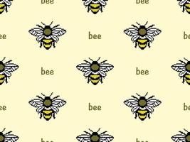 Bee cartoon character seamless pattern on yellow background. Pixel style vector