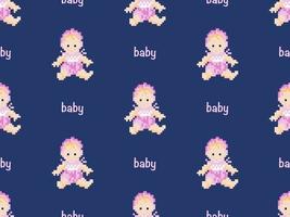Baby cartoon character seamless pattern on blue background. Pixel style vector