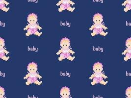 Baby cartoon character seamless pattern on blue background. Pixel style vector