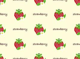 Strawberry cartoon character seamless pattern on yellow background. Pixel style vector