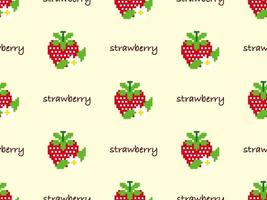 Strawberry cartoon character seamless pattern on yellow background. Pixel style vector