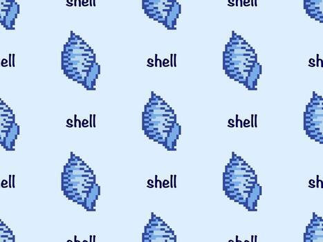 Shell cartoon character seamless pattern on blue background. Pixel style vector