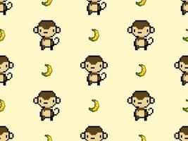 Monkey cartoon character seamless pattern on yellow background. Pixel style vector