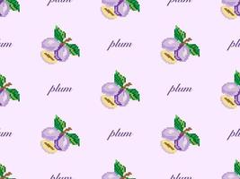 Plum cartoon character seamless pattern on purple background. Pixel style vector