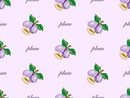 Plum cartoon character seamless pattern on purple background. Pixel style vector