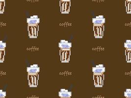 Coffee cartoon character seamless pattern on brown background. Pixel style vector