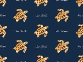 Turtle cartoon character seamless pattern on blue background. Pixel style vector