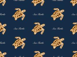 Turtle cartoon character seamless pattern on blue background. Pixel style vector