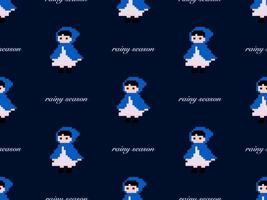 Girl cartoon character seamless pattern on blue background. Pixel style vector